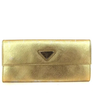 Prada Gold Saffiano Leather Wallet with Logo Accents
